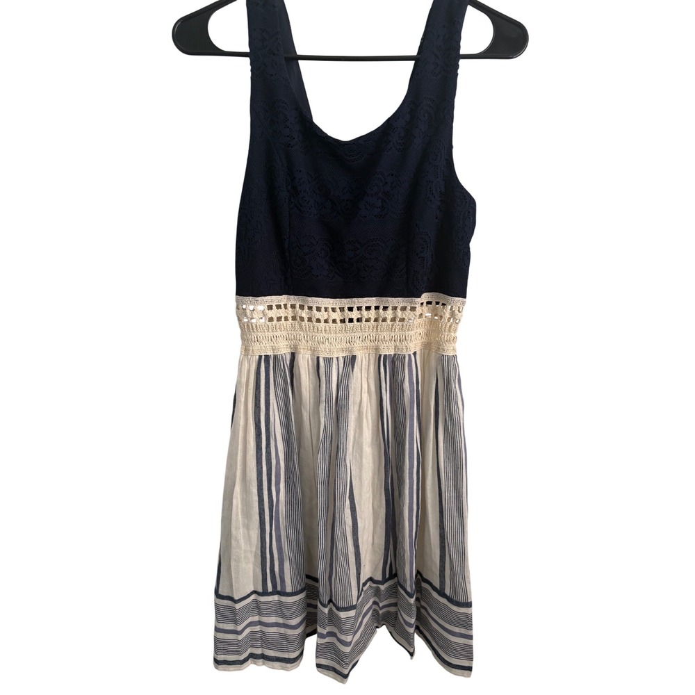 Trixxi Boho Nautical Striped Mini Dress with Navy Lace & Crochet Waist - Size 11